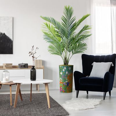 Artificial Tree in Colorful Flower Pattern Planter, Fake Areca Tropical Palm Silk Tree for Indoor and Outdoor Home Decoration - 66" Overall Tall (Plant Pot Plus Tree)