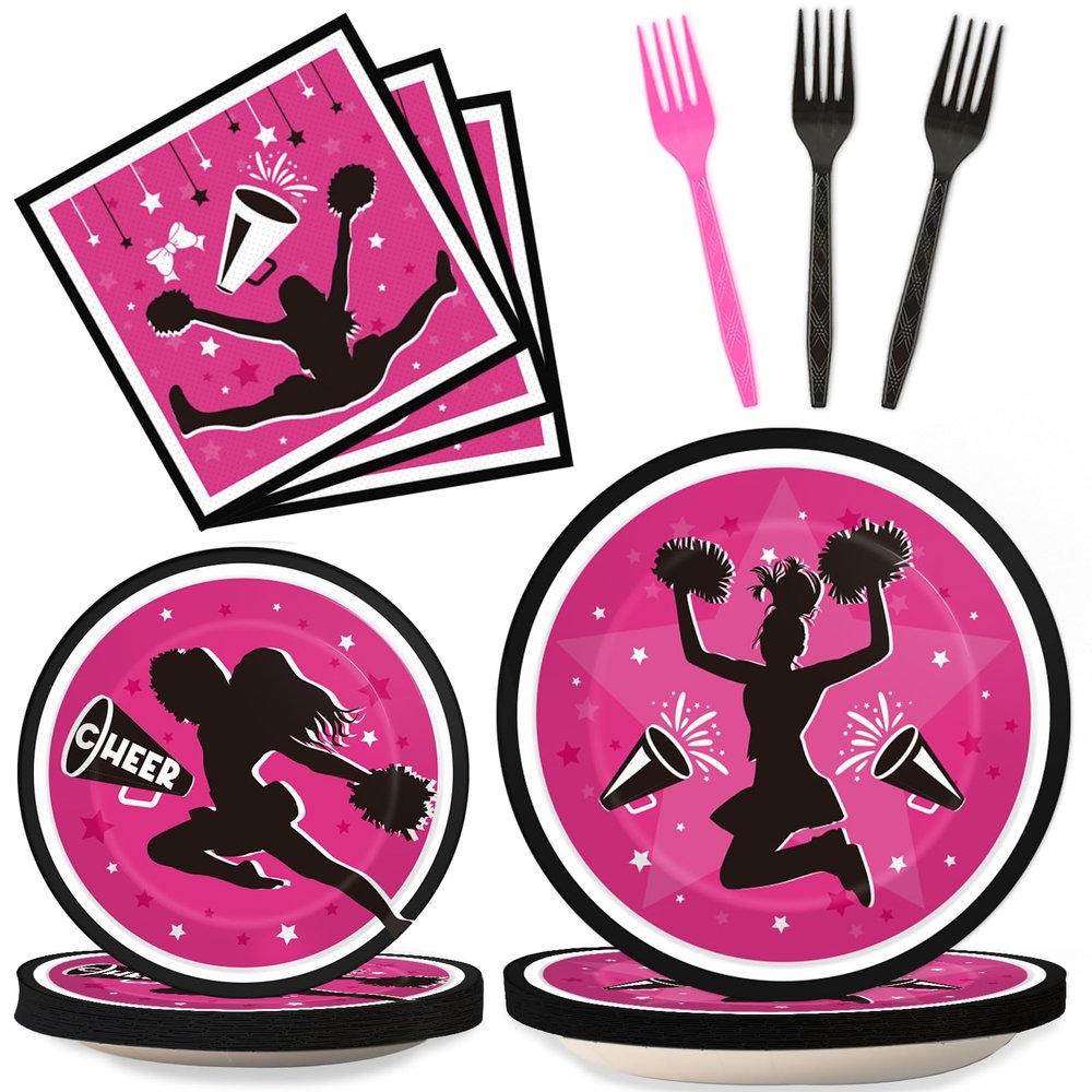 OBUSATT 96Pcs Cheerleader Party Supplies Cheerleading Paper Plates Napkins Gymnastics Party Decorations Girls' Birthday Dinnerware Party Favor Tableware Serves 24