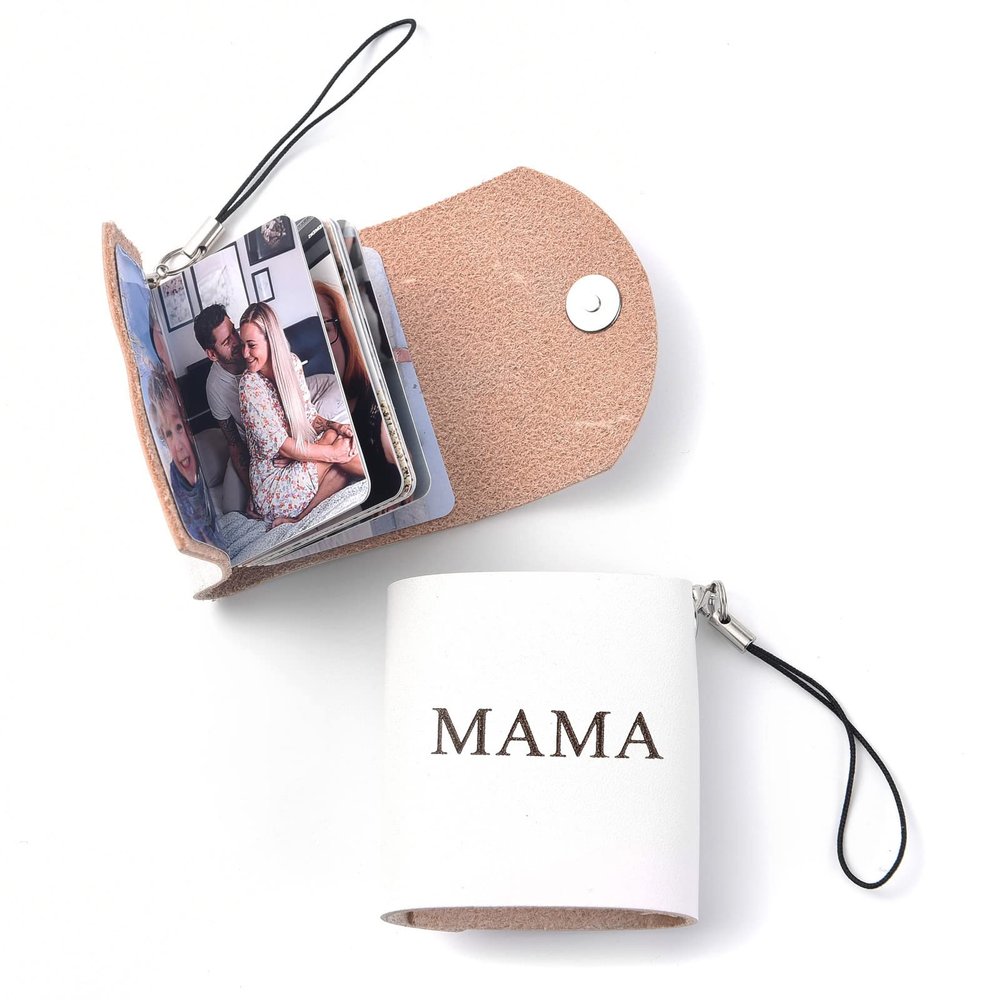TINGKU Personalized Photo Album Keychain Custom Mini Leather Photo Book with 12 Pictures, Picture Keychain Keepsake Gift for Couples, Mom, Dad White