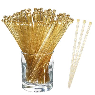 100 Pieces of Clear and Gold Glitter Swizzle Sticks - 7in Ball Head Stirrer for Cocktails, Coffee, and Cake Pops - Disposable Plastic Crystal Round Top StirrersQ
