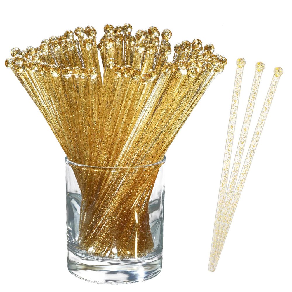 100 Pieces of Clear and Gold Glitter Swizzle Sticks - 7in Ball Head Stirrer for Cocktails, Coffee, and Cake Pops - Disposable Plastic Crystal Round Top StirrersQ
