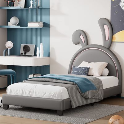 Aiuyesuo Leather Upholstered Platform Bed with Rabbit Ears Headboard, Twin Size PU Leather Kids Platform Bed Frame with Sturdy Slatted Support for Kids Boys Girls Bedroom (Gray-T)