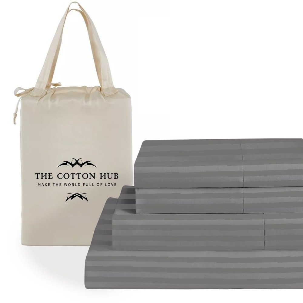 Split-King Size 5-Piece Sheet Set 1000 Thread Count Authentic Combed Cotton Bed Sheets fits up to 7-9 inch Deep Pocket (Stripe, Grey)