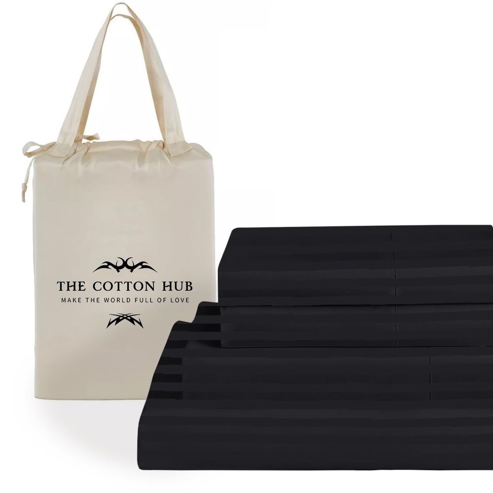 King Size 6-Piece Sheet Set 1000 Thread Count Authentic Combed Cotton Bed Sheets fits up to 7-9 inch Deep Pocket (Stripe, Black)