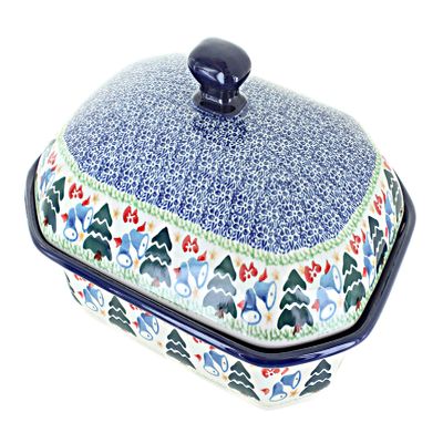 Blue Rose Polish Pottery - Winter Bells Medium Covered Baker - 3 Cup Capcaity - Ceramic Baking Dish, Festive Design, Perfect Christmas Gift