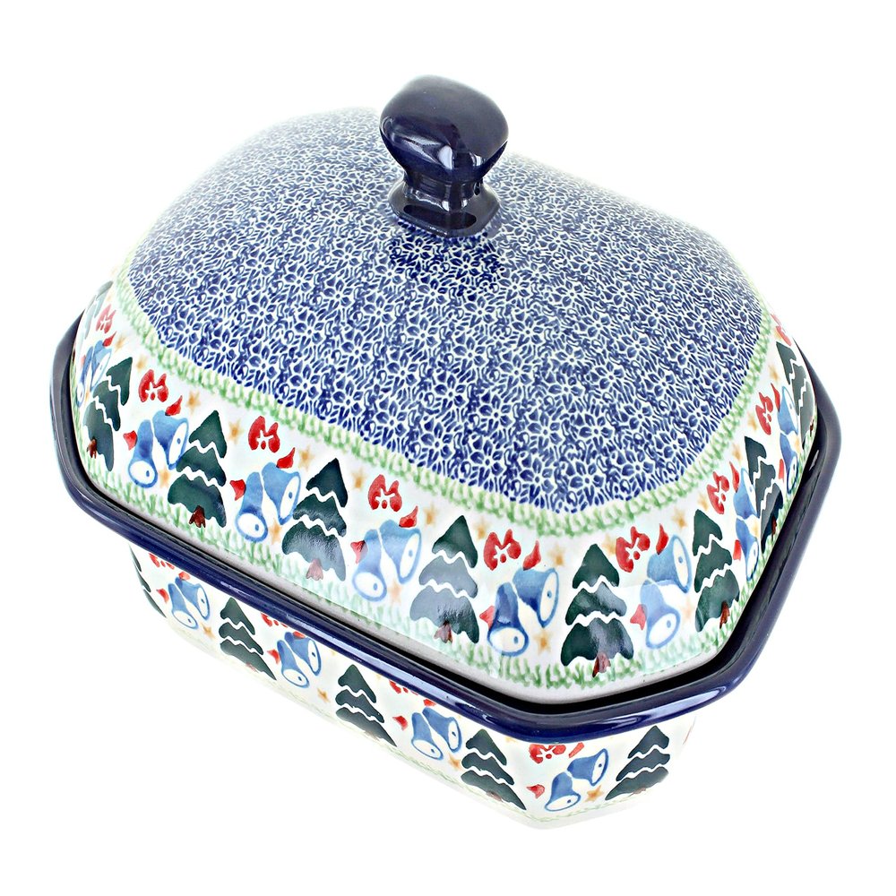 Blue Rose Polish Pottery - Winter Bells Medium Covered Baker - 3 Cup Capcaity - Ceramic Baking Dish, Festive Design, Perfect Christmas Gift