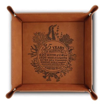 Bella Busta- 35 Years Anniversary- Traditional Coral 35th Wedding Anniversary-Engraved Leather Tray with Corals Design and 35 Years with a Detailed Breakdown (9x9 (Tray Rawhide))