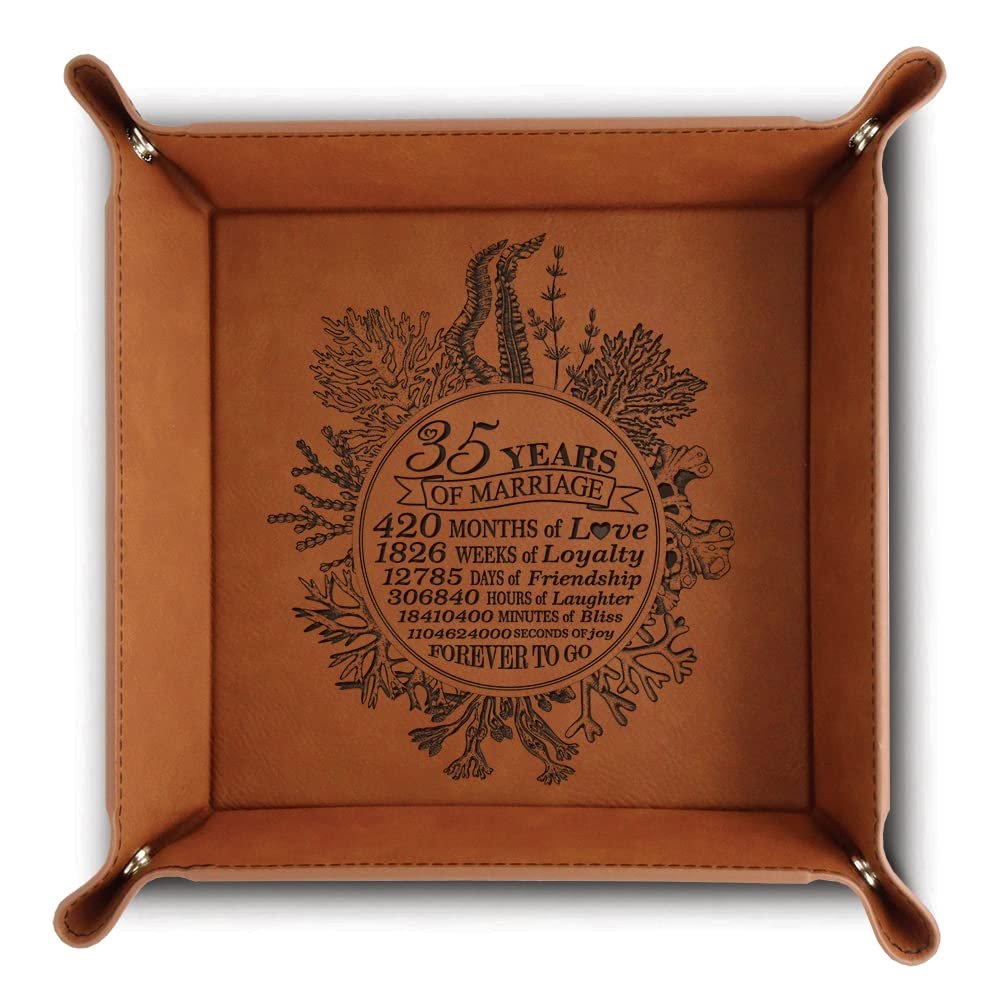 Bella Busta- 35 Years Anniversary- Traditional Coral 35th Wedding Anniversary-Engraved Leather Tray with Corals Design and 35 Years with a Detailed Breakdown (9x9 (Tray Rawhide))