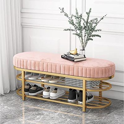 Comfortable Velvet Entrance Bench, Modern Seat Shoe Rack Bench with 2 Tier Gold Shoe Rack, Hallway Organizer,Pink,100X32X43Cm(39X13X17Inch)