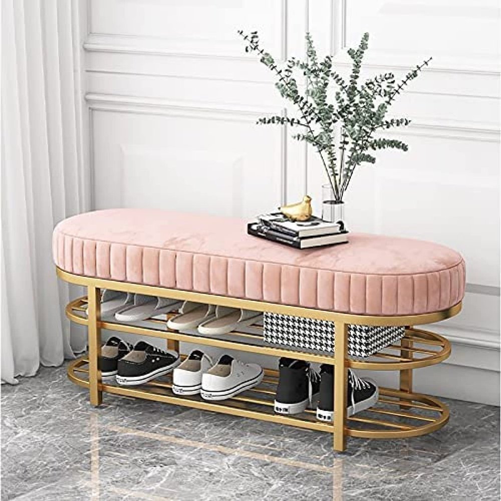 Comfortable Velvet Entrance Bench, Modern Seat Shoe Rack Bench with 2 Tier Gold Shoe Rack, Hallway Organizer,Pink,100X32X43Cm(39X13X17Inch)