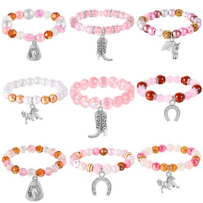 Sureio 9 Pcs Western Beaded Bracelets Party Christmas Favors for Adults Horse Charm Cowboy Boot Charm Bracelets Horse Lovers Jewelry for Lady Women