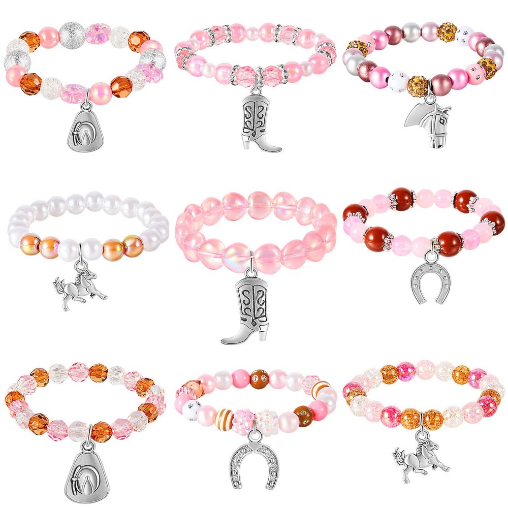 Sureio 9 Pcs Western Beaded Bracelets Party Christmas Favors for Adults Horse Charm Cowboy Boot Charm Bracelets Horse Lovers Jewelry for Lady Women