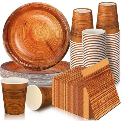 Skylety 200 Pcs Camping Wood Grain Slice Party Supplies Set Rustic Wood Grain Party Supplies Disposable Paper Plates Cups Napkins Cutlery Serves 50 for Camping Woodland Baby Shower