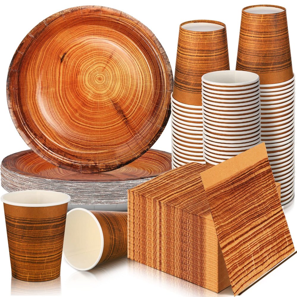 Skylety 200 Pcs Camping Wood Grain Slice Party Supplies Set Rustic Wood Grain Party Supplies Disposable Paper Plates Cups Napkins Cutlery Serves 50 for Camping Woodland Baby Shower