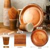 Skylety 200 Pcs Camping Wood Grain Slice Party Supplies Set Rustic Wood Grain Party Supplies Disposable Paper Plates Cups Napkins Cutlery Serves 50 for Camping Woodland Baby Shower view 3