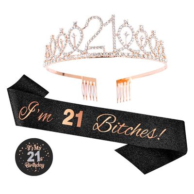 Topfunyy 21st Birthday Tiara and Sash Set - 'I'm 21 Bitches' Black Glitter Sash Crystal Crown Birthday Gift for Girls 21st Party Supplies
