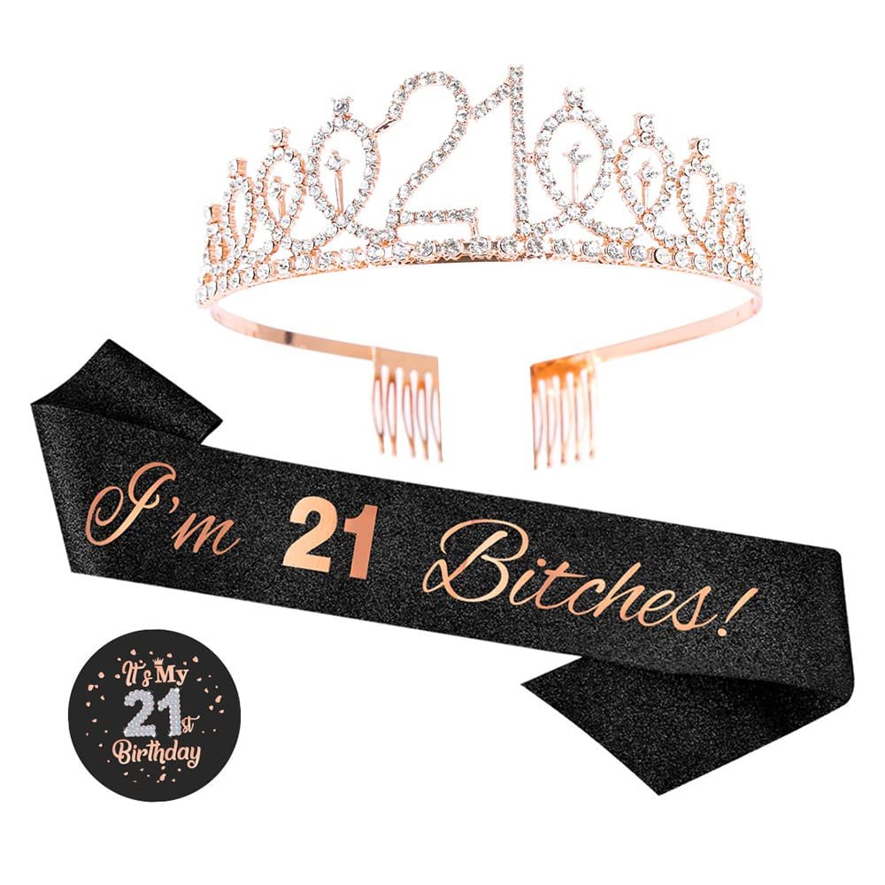 Topfunyy 21st Birthday Tiara and Sash Set - 'I'm 21 Bitches' Black Glitter Sash Crystal Crown Birthday Gift for Girls 21st Party Supplies