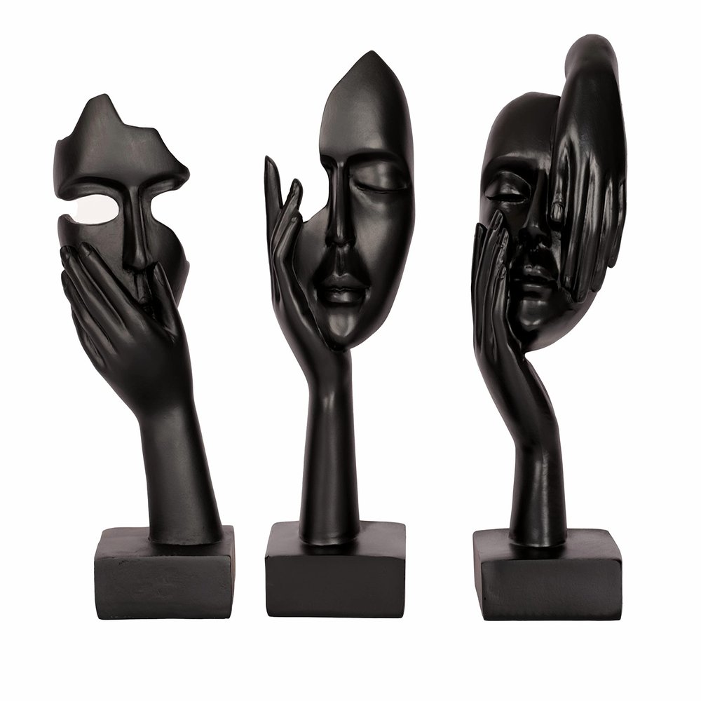 Dawbun 3 Piece Thinker Statue Black Home Decor Abstract Face Sculpture Resin Thinker Figurines for Desktop Office Desk Living Room Table Collection Figurine Decoration Bookshelf Decorative Objects