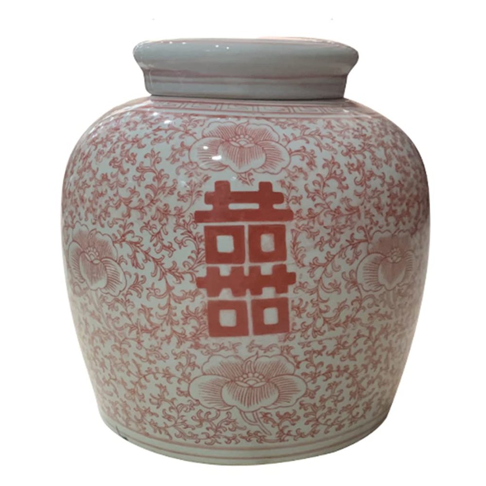 ADECQ Antique Style Ceramic Ginger Jar Vase with Lid, Decorative Double Happiness Porcelain Ceramic Covered Jar Vase, China Ming Style, Jingdezhen,Flower Vases Decor red