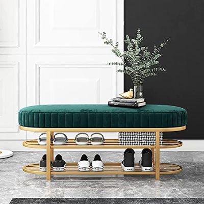 Comfortable Velvet Entrance Bench, Modern Seat Shoe Rack Bench with 2 Tier Gold Shoe Rack, Hallway Organizer,Green,60X32X43Cm(24X13X17Inch)