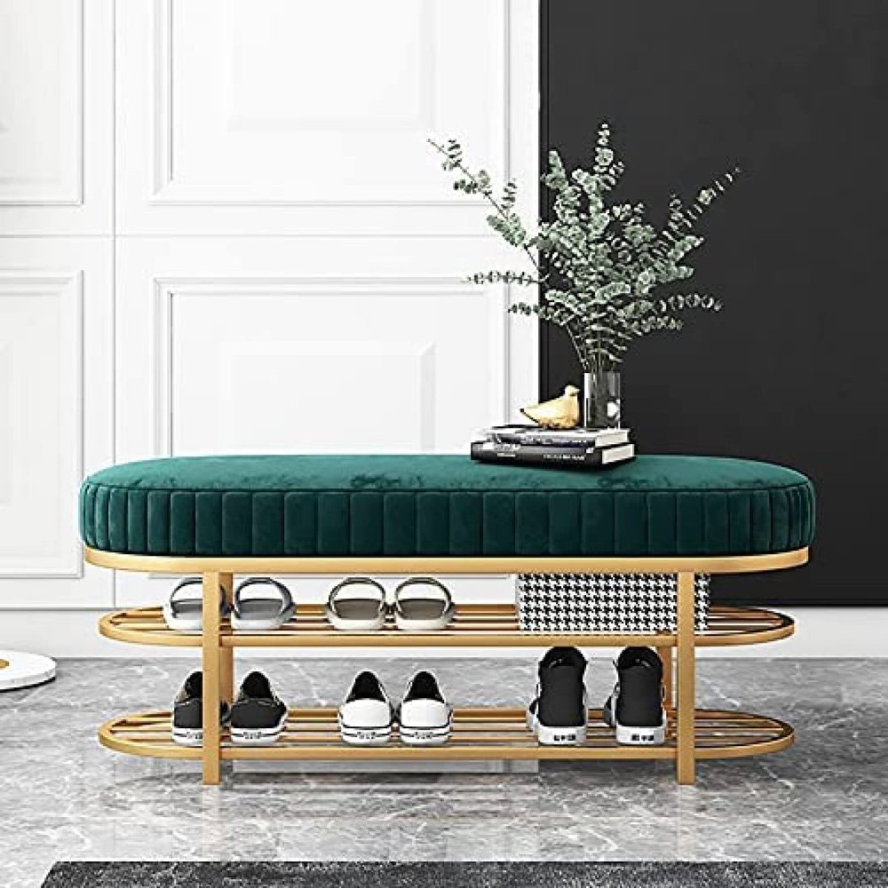Comfortable Velvet Entrance Bench, Modern Seat Shoe Rack Bench with 2 Tier Gold Shoe Rack, Hallway Organizer,Green,60X32X43Cm(24X13X17Inch)