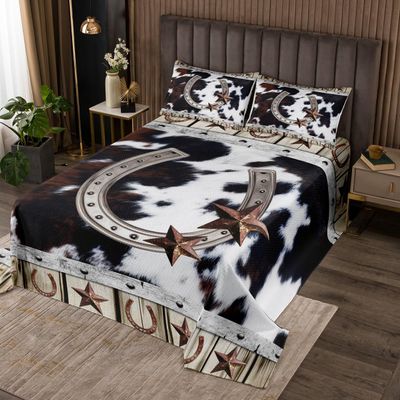 Adults Texas Star Horseshoe Bedspread King,Boys Western Country Cowhide Quilted Beddings Rustic Farmhouse Highland Cow Print Quilt Set Black White Brown Farm Animal Decor Coverlet Set 3 Pcs