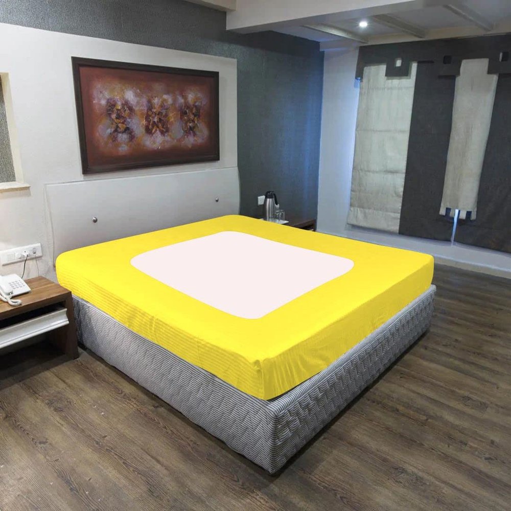 1 PC Striped Box Spring Cover - 100% Egyptian Cotton, Wrap Around 4 Sides Bed Skirt for Hotel & Home, Fits Box Springs up to 15 Inch - Full, Yellow