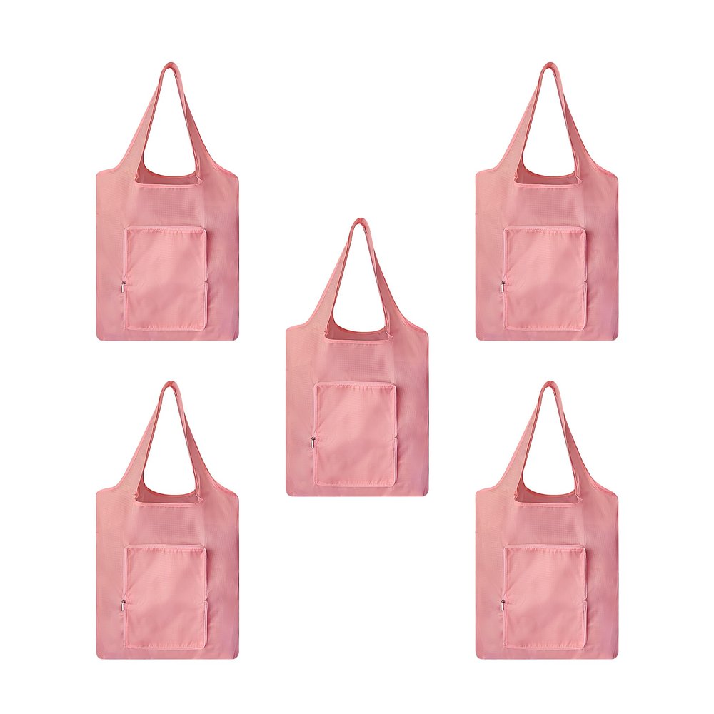 ACBSUSU Foldable reusable grocery bags, eco waterproof shopping bags, food tote bags. Fits in your pocket (5 packs) (Pink)