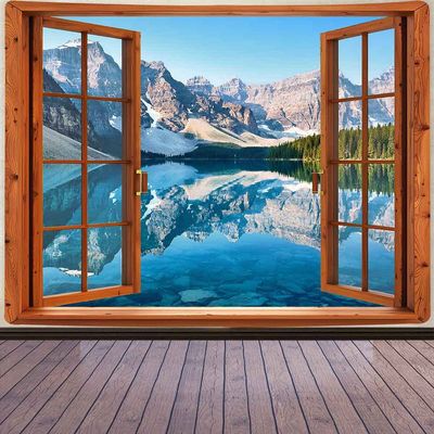 Aidatain Window Tapestry Mountain Lake Forest Scene Tapestry Nature Landscape Wall Hanging, Flannel Art Large Tapestries 80"x 60" Flannel for Bedroom Home Decor GTFNAT0088