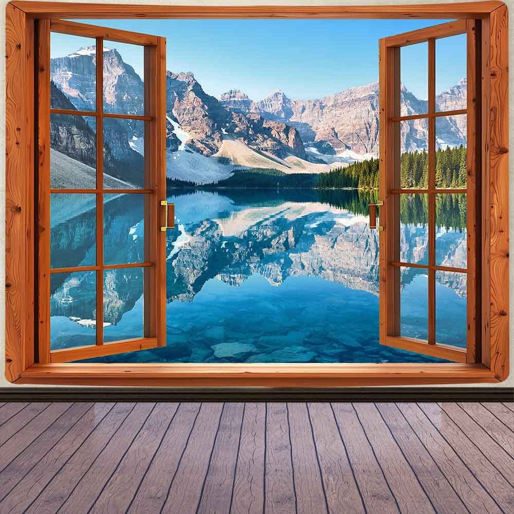 Aidatain Window Tapestry Mountain Lake Forest Scene Tapestry Nature Landscape Wall Hanging, Flannel Art Large Tapestries 80"x 60" Flannel for Bedroom Home Decor GTFNAT0088