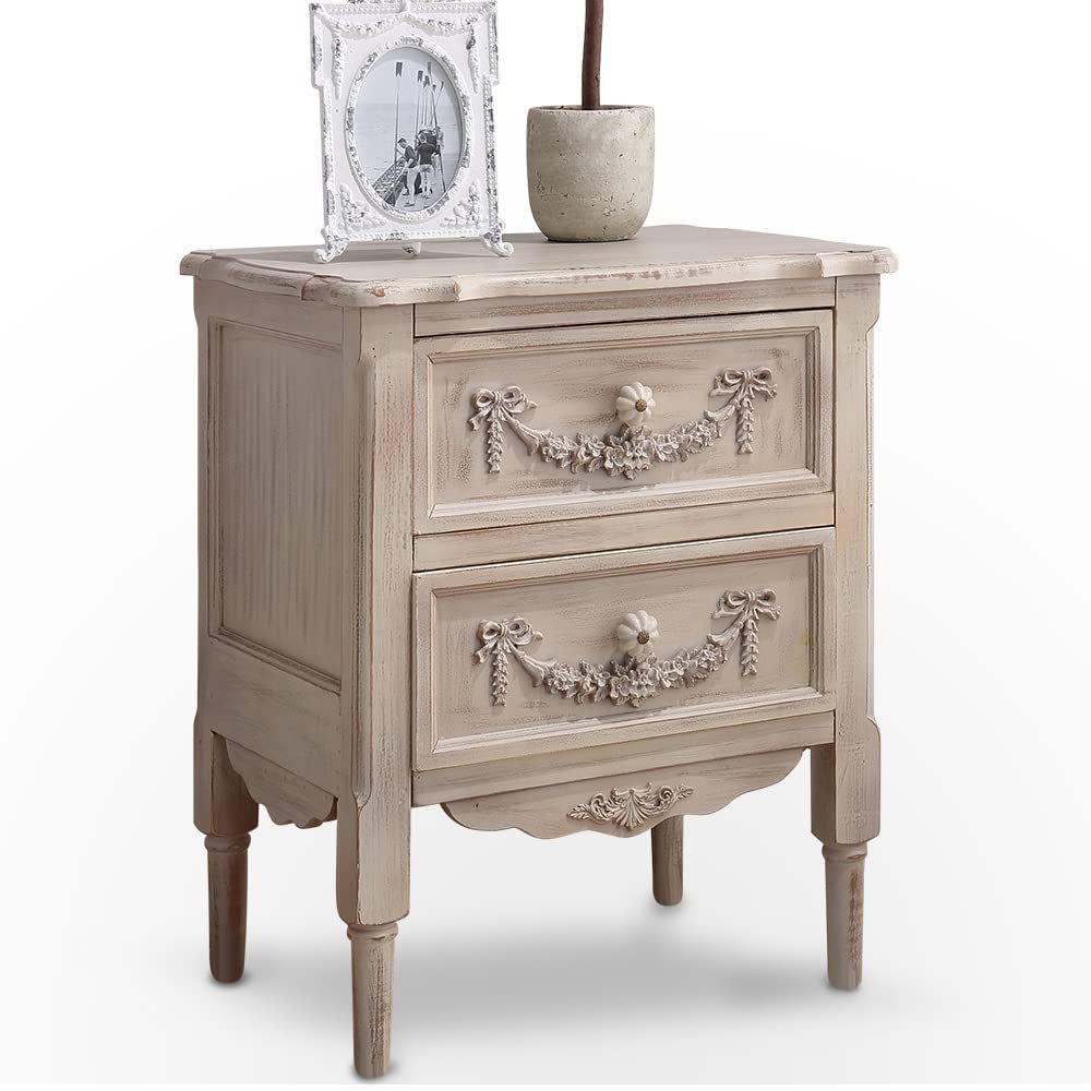 BOOMLATU Handcrafted Wood Nightstand with 2 Drawers in Distressed Vintage Nature (Nature)