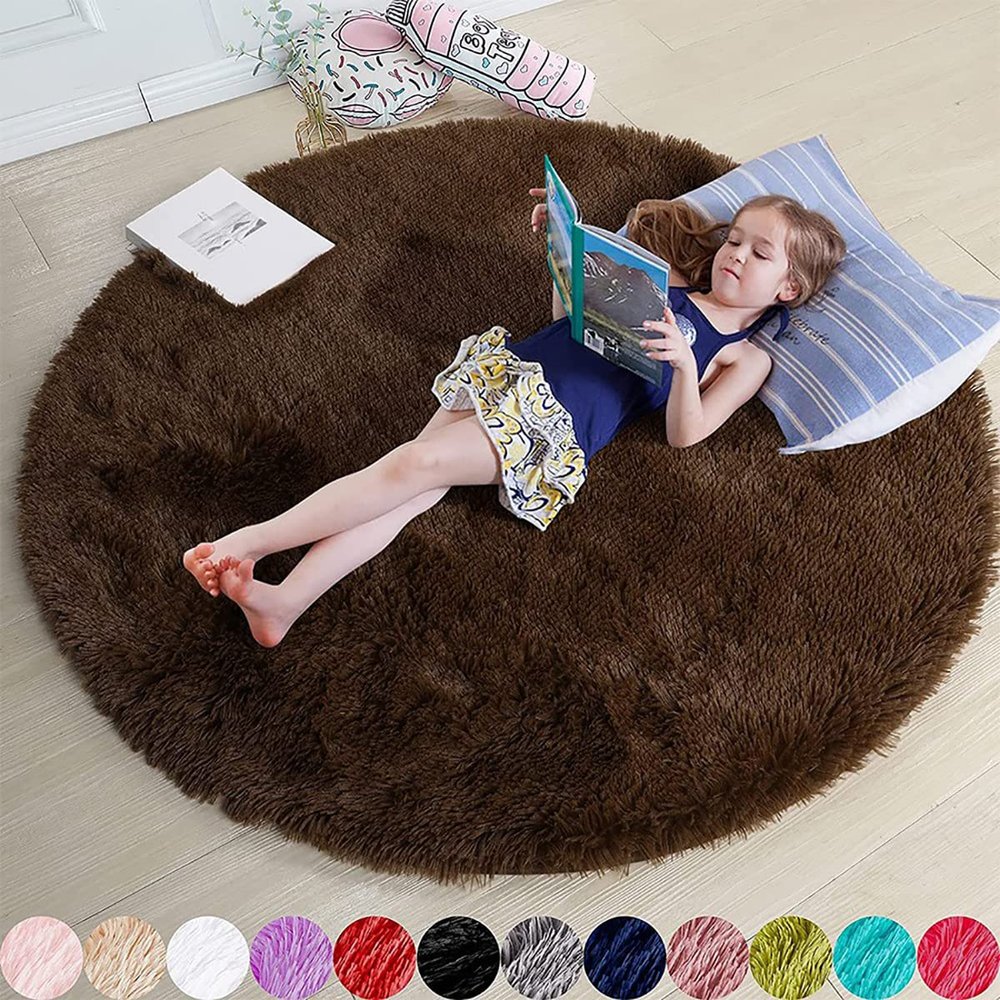Brown Round Rugs for Bedroom, 6x6 Feet Cute Fluffy Plush Shaggy Carpet Boys Girls Kids Indoor Living Nursery Room Decor Circle Floor