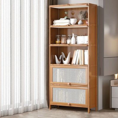 CraftThink Wooden Bookshelf, 5 Tier Bamboo Light Brown Bookshelf Modern Standard Bookcase Rectangle Shelves with Doors for Bedroom,Office,Kitchen,Living Room (27.6" L x 13" D x 67.5" H)