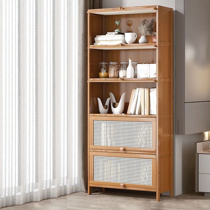 CraftThink Wooden Bookshelf, 5 Tier Bamboo Light Brown Bookshelf Modern Standard Bookcase Rectangle Shelves with Doors for Bedroom,Office,Kitchen,Living Room (27.6" L x 13" D x 67.5" H)