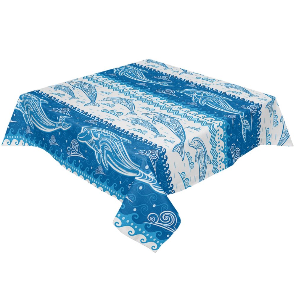 BOBOWUNY Blue Dolphin Square/Round Tablecloths 60x60, Summer Beach Coastal Sea Wave Nautical Table Cloth Table Cover Indoor/Outdoor Tabletop Decor for Wedding Holiday Party Dinner Baby Shower