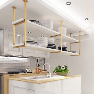 2-Tier Ceiling Shelf - Ceiling Hanging Wine Rack, Rustic Ceiling Floating Shelves, Wall-Mounted Decorative Rack, Hanging Storage Shelf, Bar Restaurant Display Stand, Easy To Install ( Color : Gold , S
