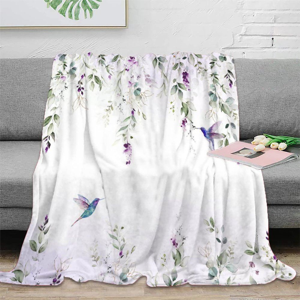 Abstract Eucalyptus Hummingbird Throw Blanket for Couch - Watercolor Purple Eucalyptus Floral Hummingbird Lightweight Soft Blankets and Throws for Sofa,50x60inch(127x152cm)
