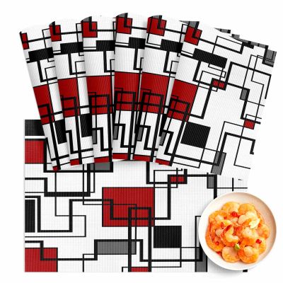 Abstract Art Square Block Red Placemats Set of 6, Washable PVC Kitchen Table Mats, Modern Geometric Red Black Woven Vinyl Placemat for Dining Table