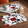 Abstract Art Square Block Red Placemats Set of 6, Washable PVC Kitchen Table Mats, Modern Geometric Red Black Woven Vinyl Placemat for Dining Table view 3
