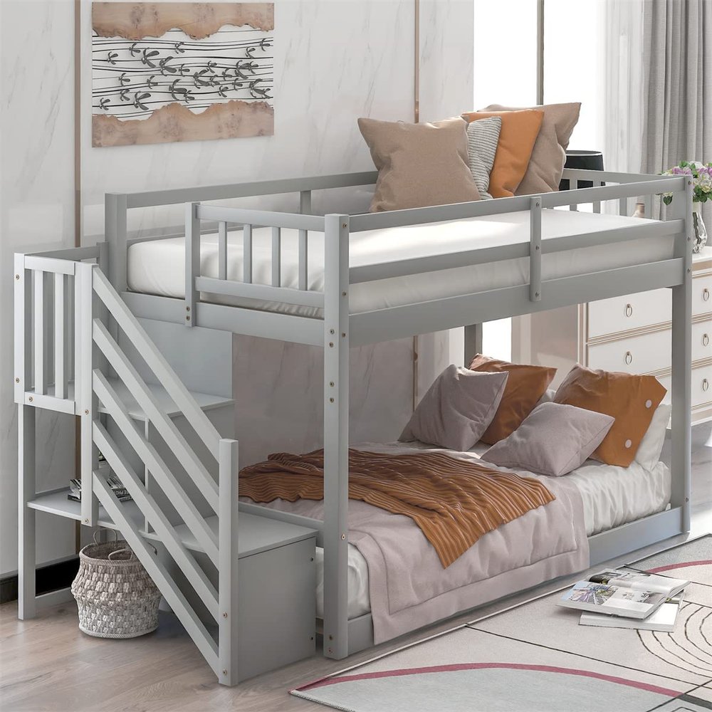 Twin Over Twin Floor Bunk Bed, Wooden Bunk Bed Frame with Storage Stair for Boys Girls Teens, Low Bunk Bed with Safety Guardrail, Modern Stairway Bunk Bed for Bedroom, No Box Spring Needed, Grey