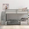 Twin Over Twin Floor Bunk Bed, Wooden Bunk Bed Frame with Storage Stair for Boys Girls Teens, Low Bunk Bed with Safety Guardrail, Modern Stairway Bunk Bed for Bedroom, No Box Spring Needed, Grey view 3