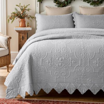 Brandream Queen Size Quilt Set Cotton Farmhouse Quilted Comforter Set Matelasse Coverlet Set Vintage Scalloped Quilts 3-Piece Light Grey