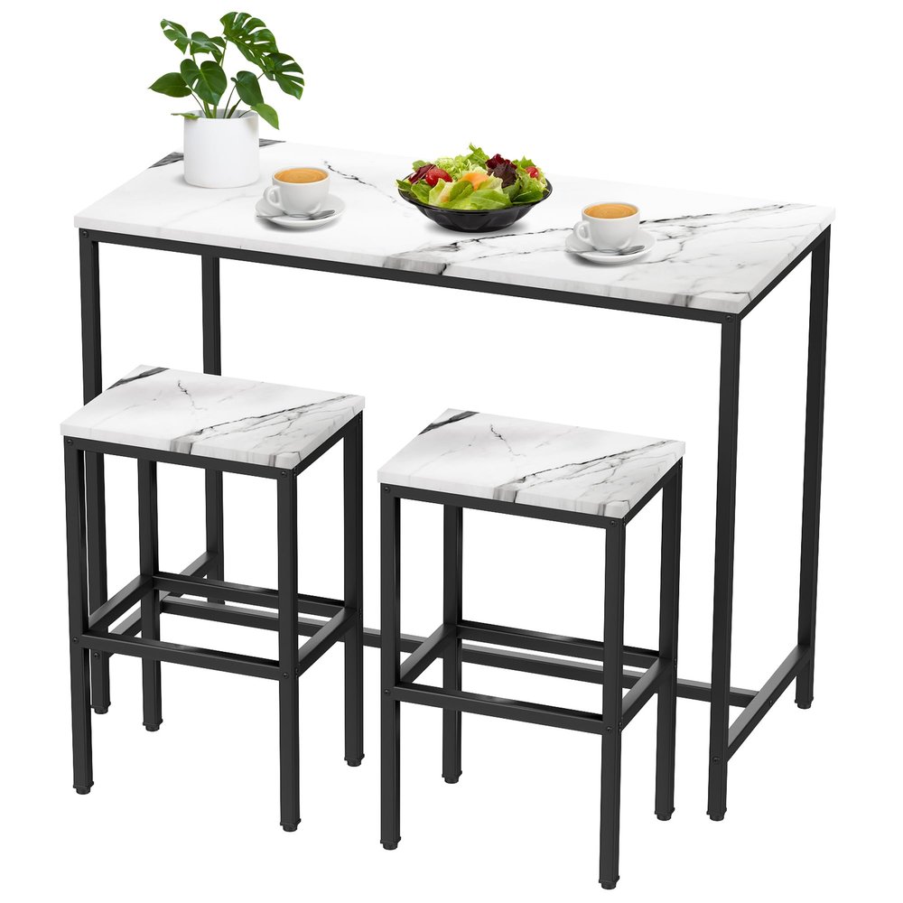 Aklaus Bar Table Set,44" White Faux Marble Top Bar Table and Chairs Set,Counter Height Bartable with 2 Bar Stools,3 Piece Kitchen Breakfast Table for Living Room Dining Room Apartment