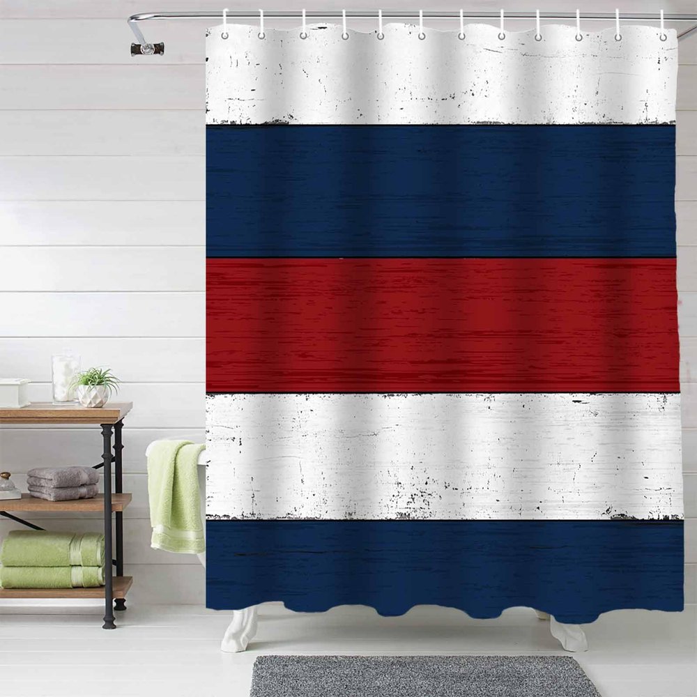 Anzona Red Blue White Waterproof Shower Curtains Set - Stall 48 x 72 Inch, Rustic Barn Wood Grain Retro Farm Polyester Fabric Bathroom Curtain with 12 Hooks, Bathroom Accessories, 1 Panel