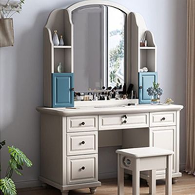 KWOKING Contemporary Vanity Dressing Table Set with Wood Stool for Bedroom Rubberwood Dressing Table Mirror Dressing Table with Mirror Storage Cabinet Dressers White Blue 45" L x 19" W x 61" H