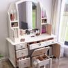 KWOKING Contemporary Vanity Dressing Table Set with Wood Stool for Bedroom Rubberwood Dressing Table Mirror Dressing Table with Mirror Storage Cabinet Dressers White Blue 45" L x 19" W x 61" H view 2