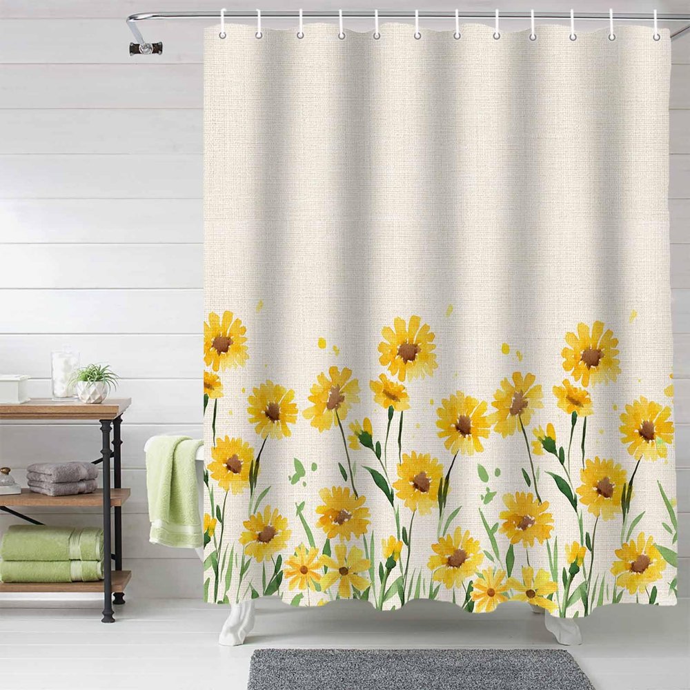 Anzona Yellow Daisy Flower Waterproof Shower Curtains Set - Small 36 x 72 Inch, Spring Floral Botanical Rustic Retro Polyester Fabric Bathroom Curtain with 12 Hooks, Bathroom Accessories, 1 Panel