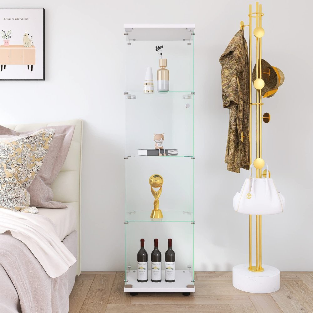 TehRecBT 4-Shelf Glass Display Cabinet, 64 inch Curio Cabinet Collection Display Case with Glass Door, Tempered Glass Floor Standing Bookshelf Storage Cabinet for Living Room, Bedroom