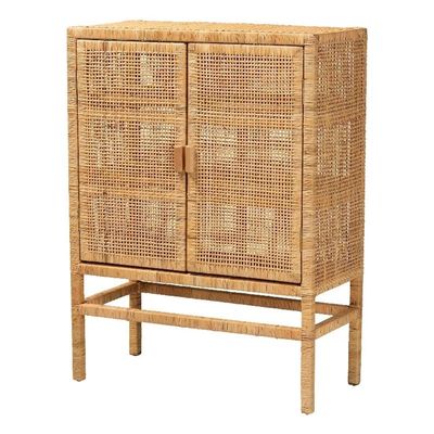 Baxton Studio Vivan Brown Rattan and Mahogany Wood 3-Shelf Storage Cabinet