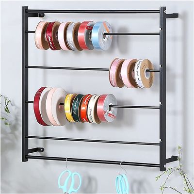 Ribbon Holder Organizer Display Stand Wall Mount Ribbon Holder Stand Black White, Square Metal 4 Layer Versatile Storage Organizer for Wrapping Paper Silk Scarf, Flower Shop Craft Room Gift Shops ( Co